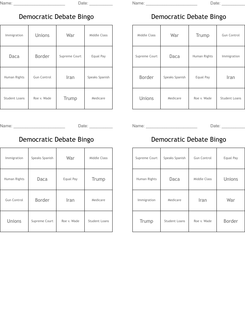 Democratic Debate Bingo