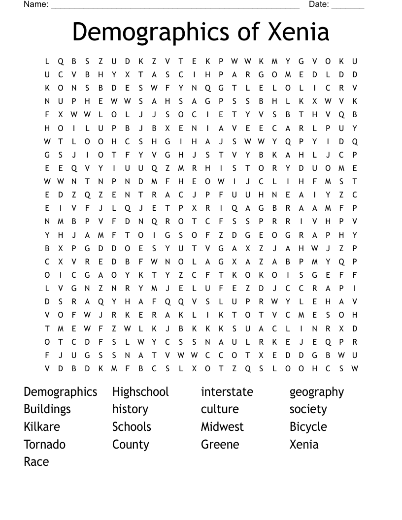 Demographics of Xenia Word Search