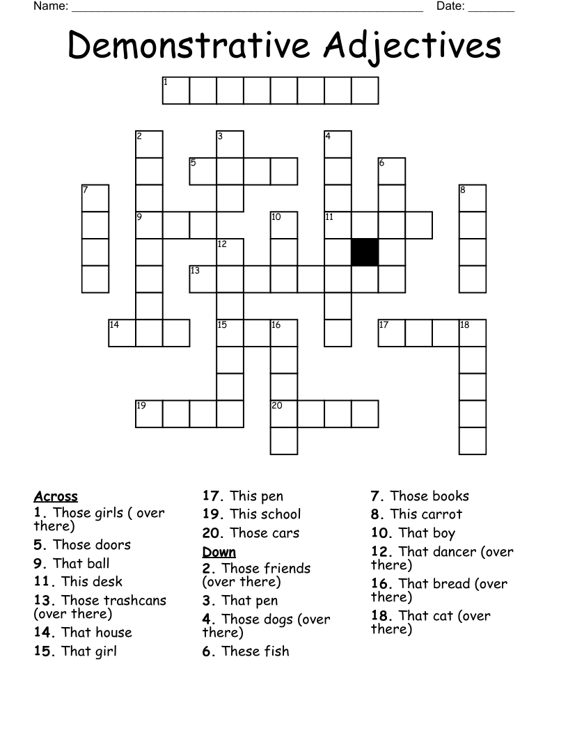 Demonstrative Adjectives Crossword