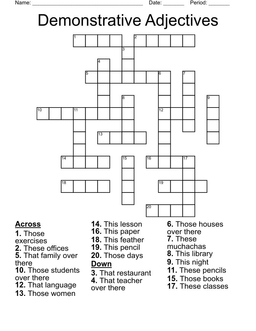 Demonstrative Adjectives Crossword