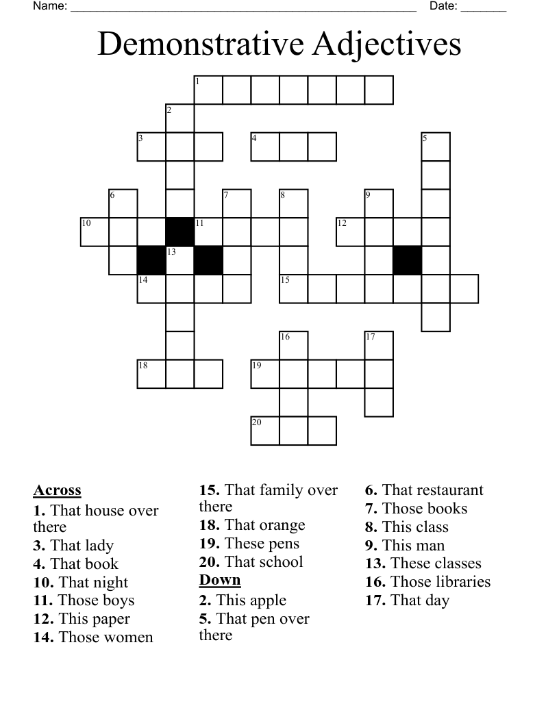 Demonstrative Adjectives Crossword