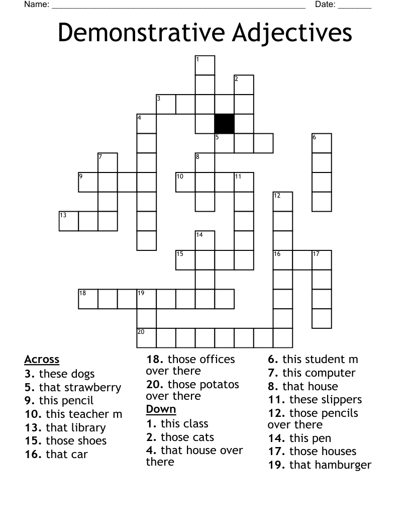 Demonstrative Adjectives Crossword