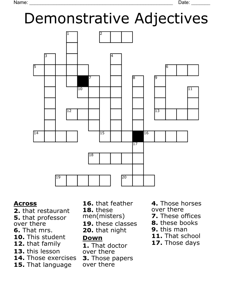 Demonstrative Adjectives Crossword