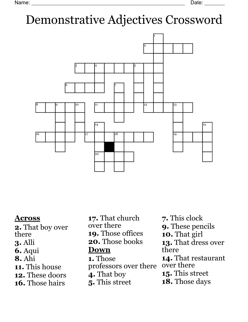 Demonstrative Adjectives Crossword