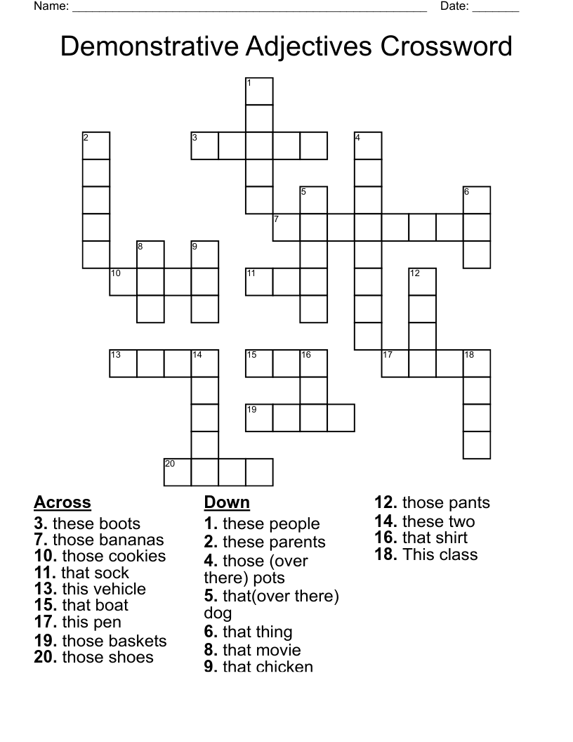 Demonstrative Adjectives Crossword