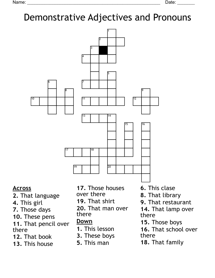 Demonstrative Adjectives and Pronouns  Crossword