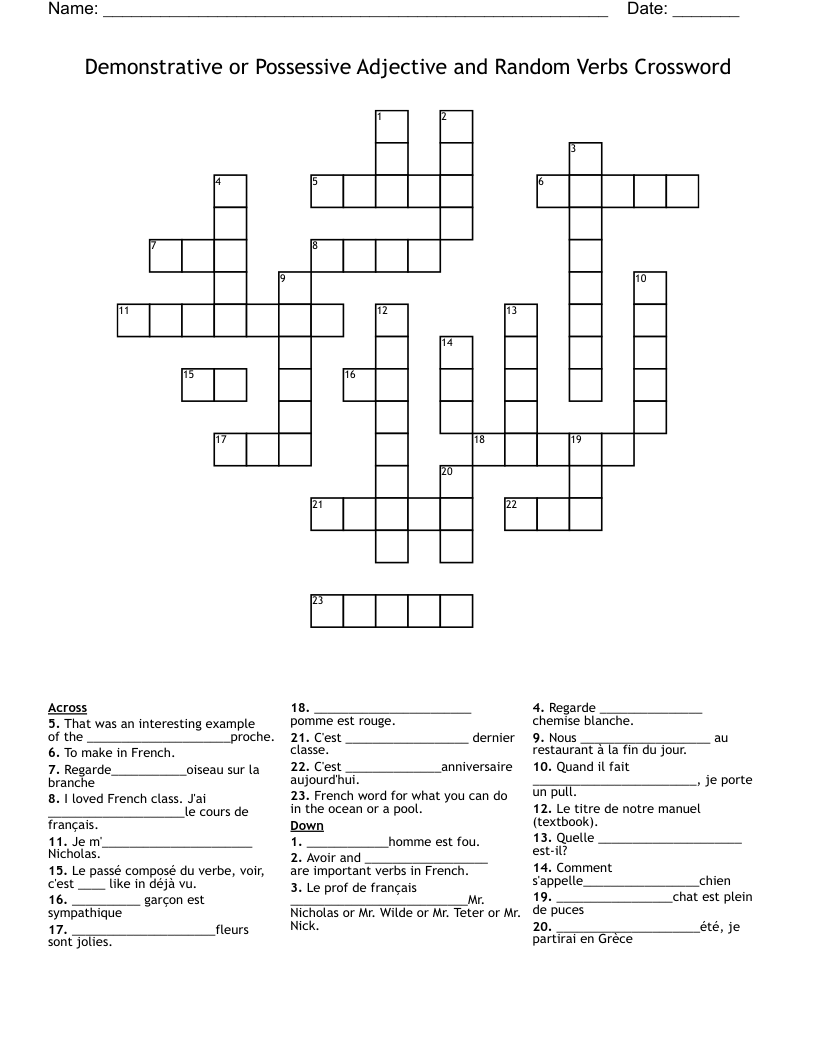 Demonstrative or Possessive Adjective and Random Verbs Crossword