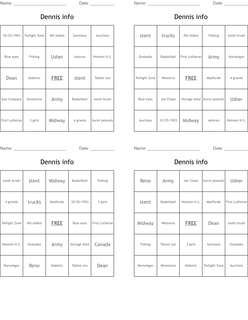 Dennis info Bingo Cards