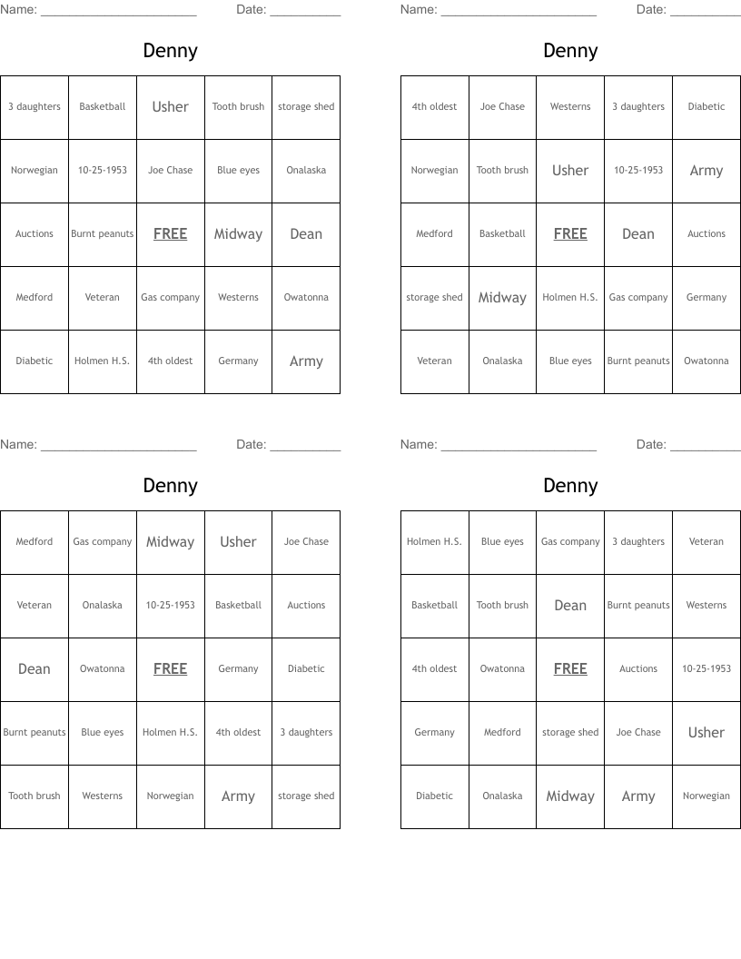Denny Bingo Cards