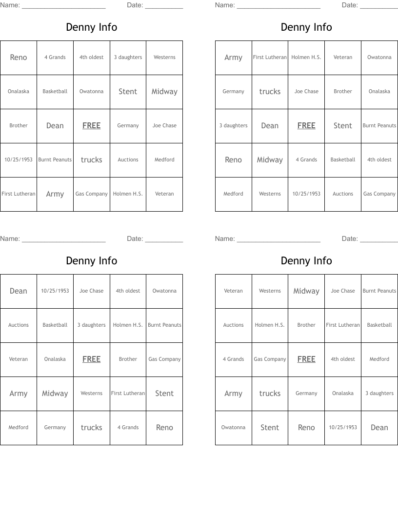 Denny Info Bingo Cards