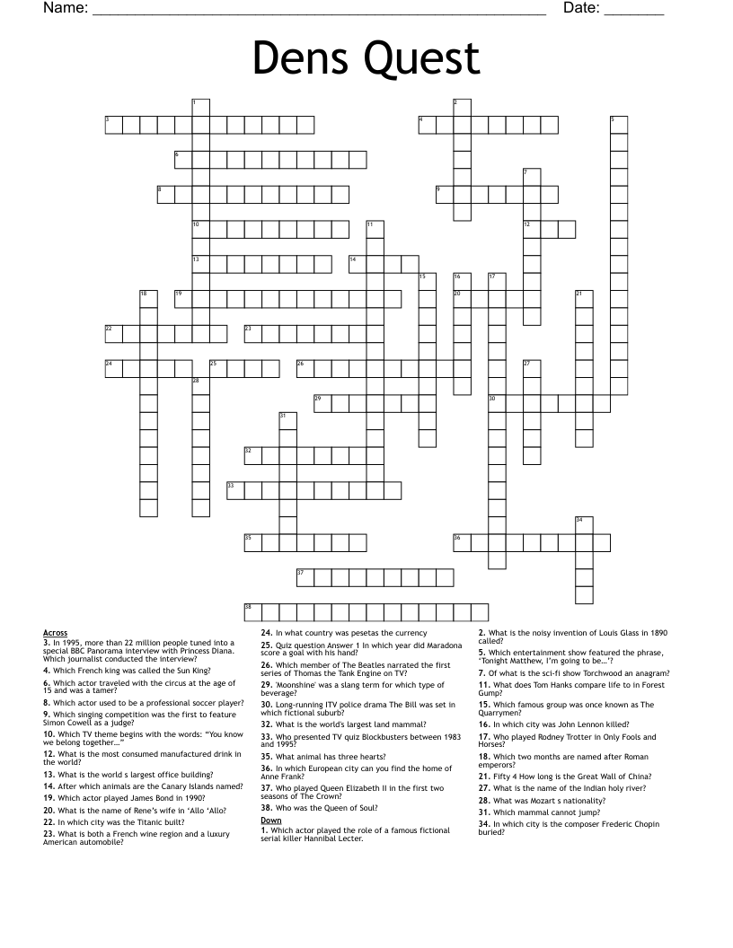 Dens Quest Crossword