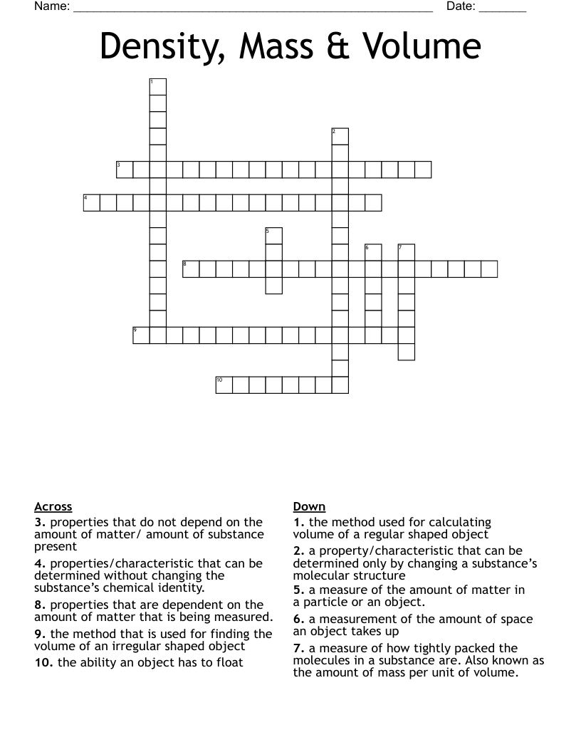 Density, Mass & Volume Crossword