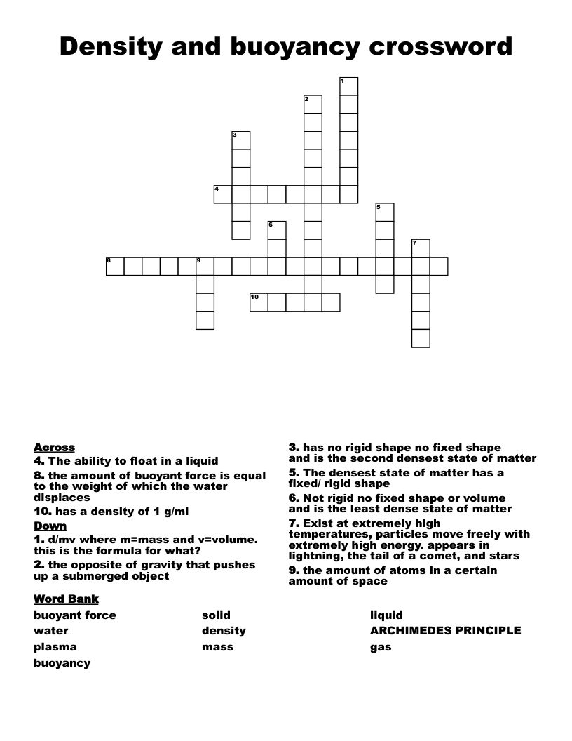 Density and buoyancy crossword