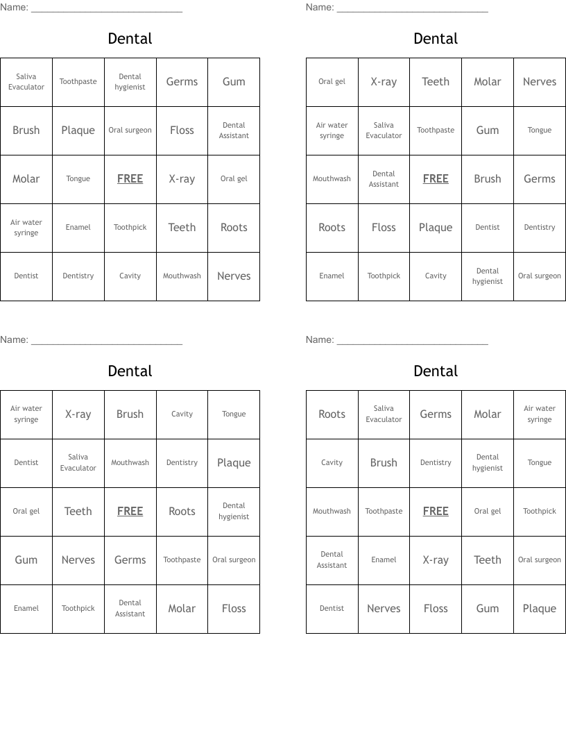 Dental Bingo Cards