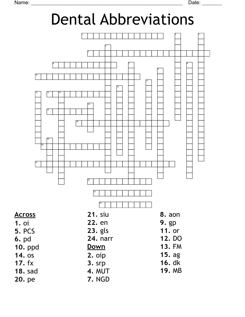Dental Abbreviations Crossword