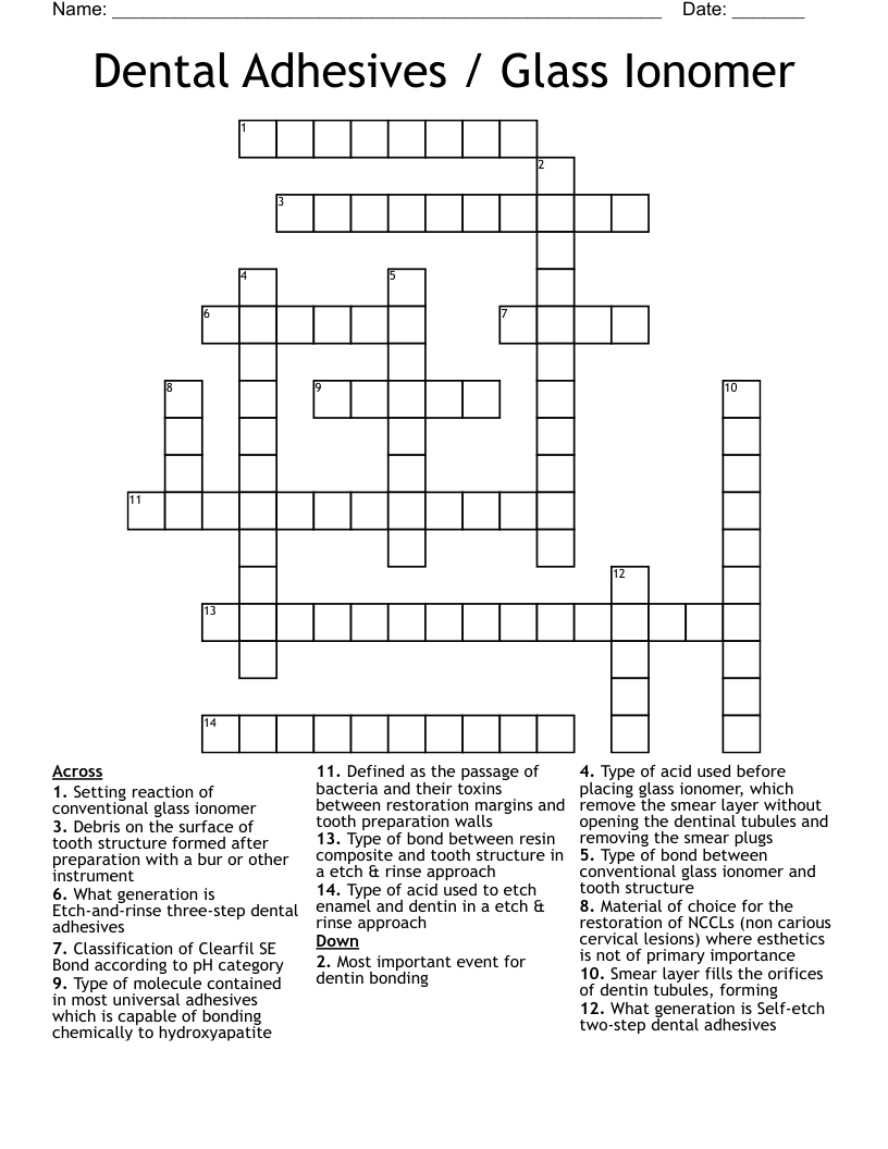 Dental Adhesives / Glass Ionomer Crossword
