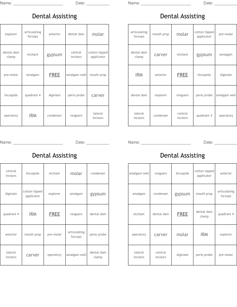 Dental Assisting Bingo Cards