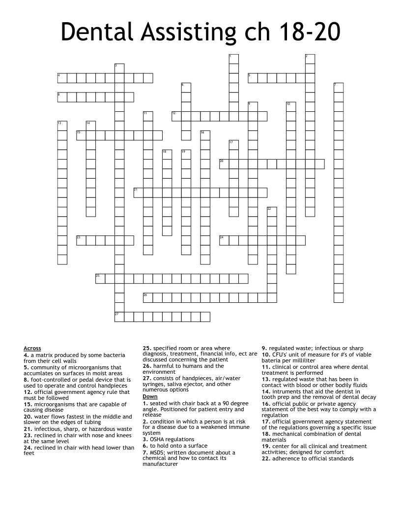 Dental Assisting ch 18-20 Crossword