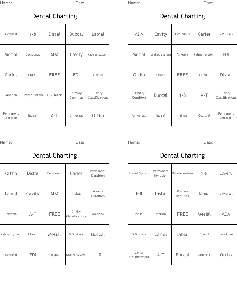 Dental Charting Bingo Cards