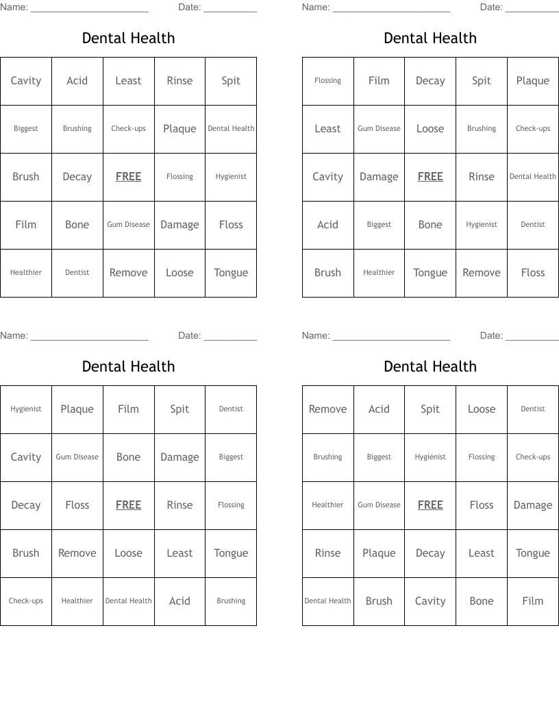 Dental Health Bingo Cards