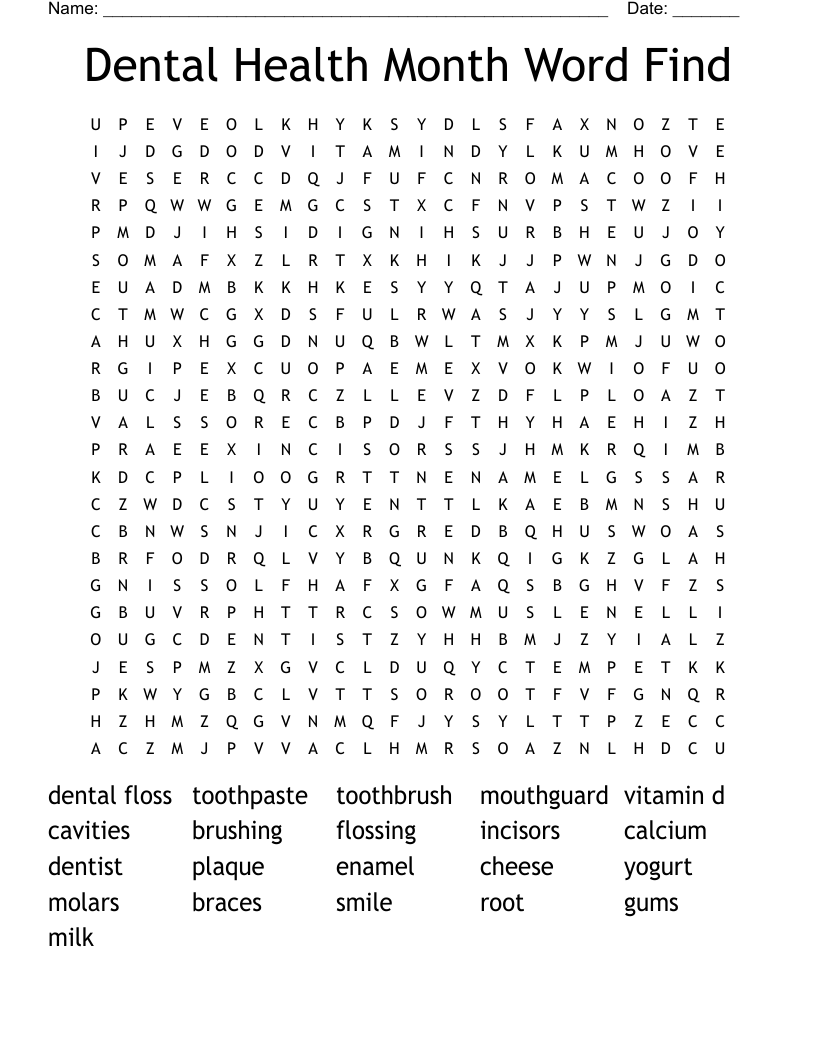 Dental Health Month Word Find Word Search