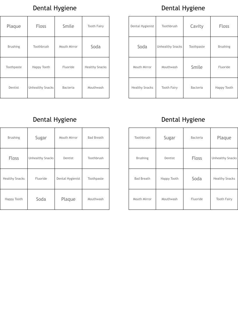 Dental Hygiene Bingo Cards