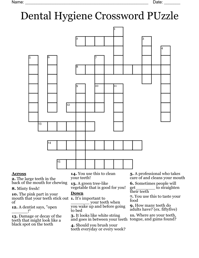 Dental Hygiene Crossword PUzzle