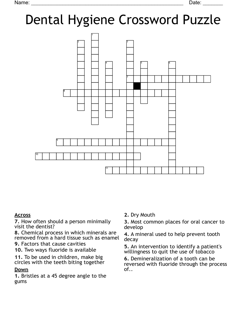Dental Hygiene Crossword Puzzle