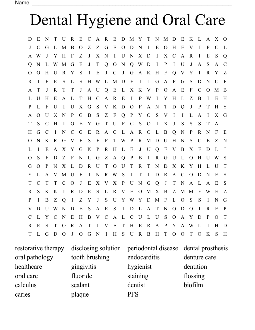 Dental Hygiene and Oral Care Word Search