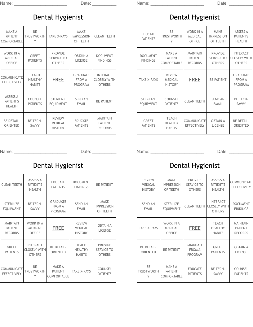 Dental Hygienist Bingo Cards
