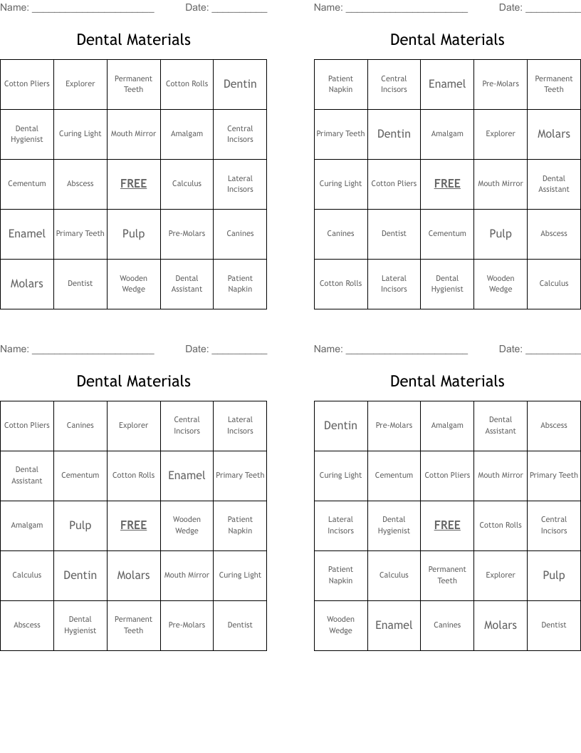 Dental Materials Bingo Cards