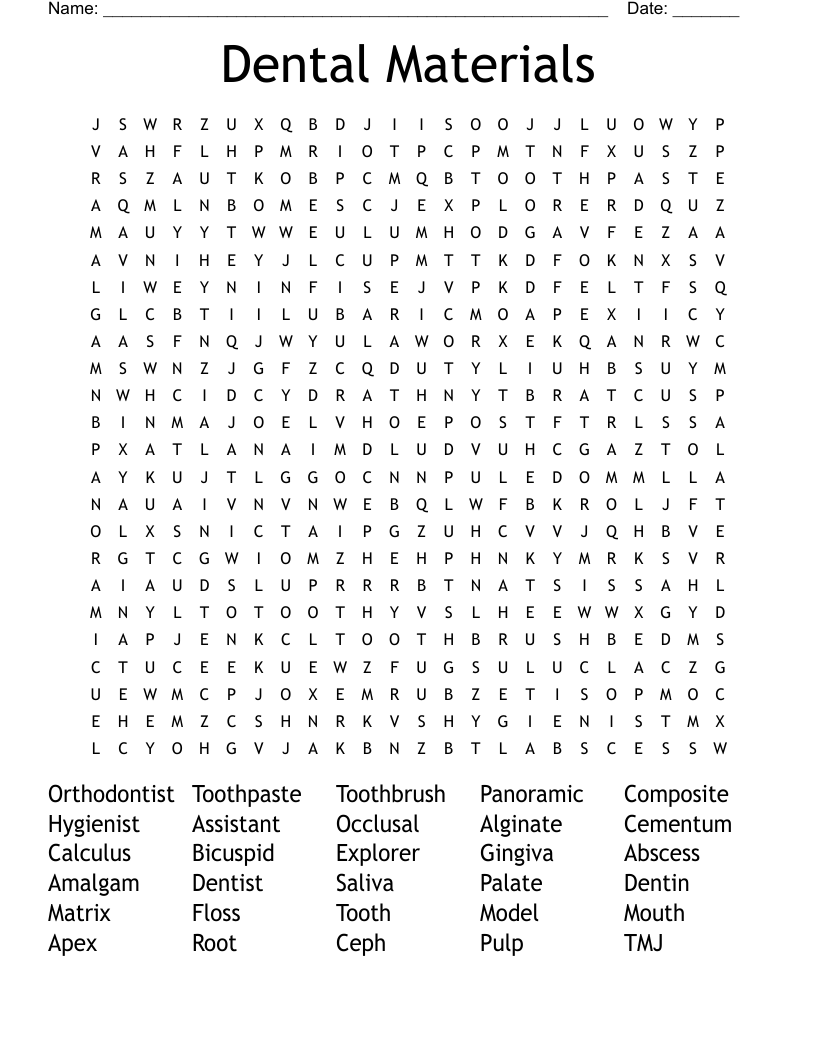 Dental Materials Word Search