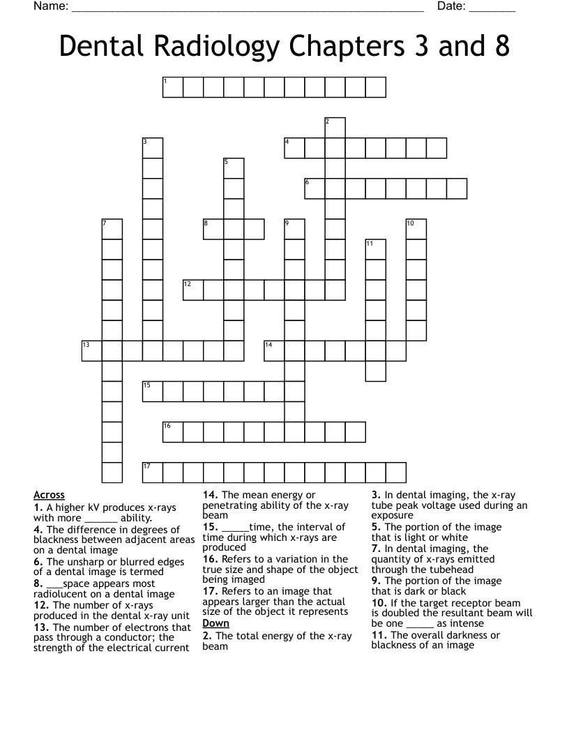 Dental Radiology Chapters 3 and 8 Crossword