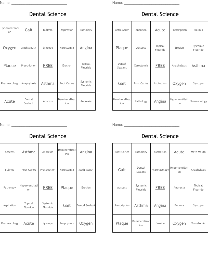 Dental Science Bingo Cards