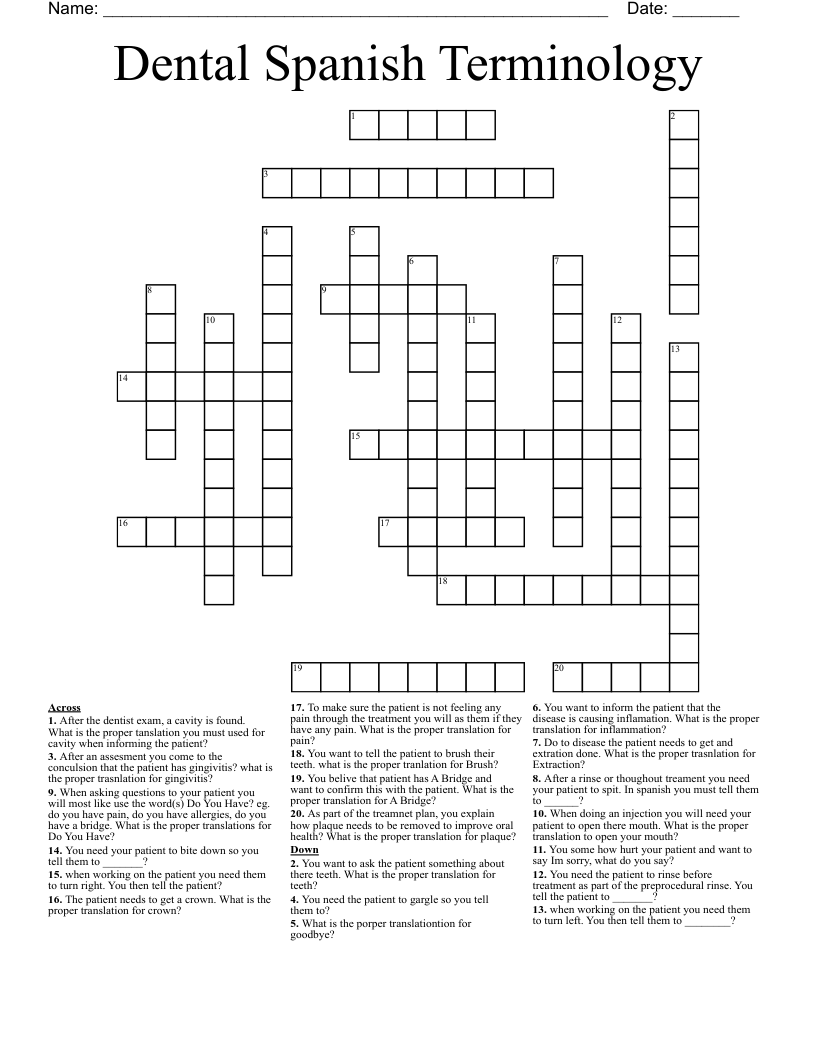 Dental Spanish Terminology Crossword