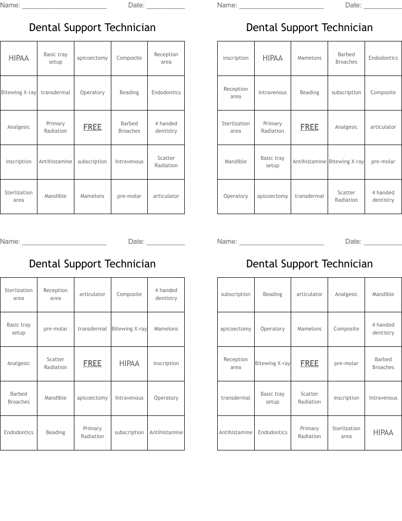 Dental Support Technician Bingo Cards