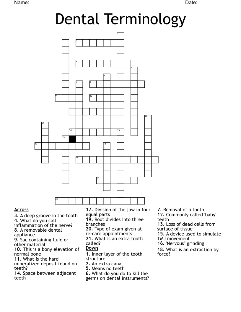 Dental Terminology Crossword