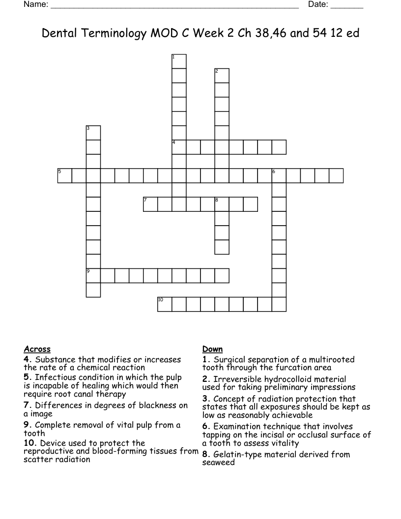 Dental Terminology MOD C Week 2 Ch 38,46 and 54 12 ed Crossword