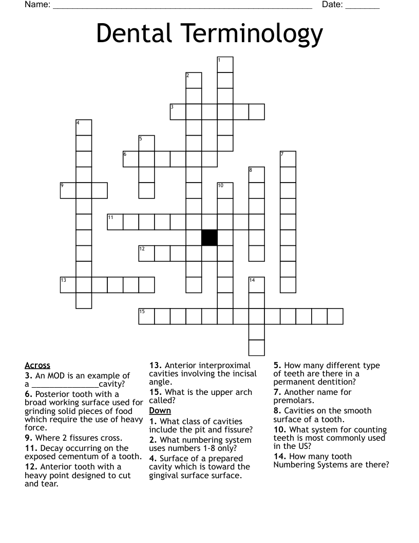 Dental Terminology  Crossword