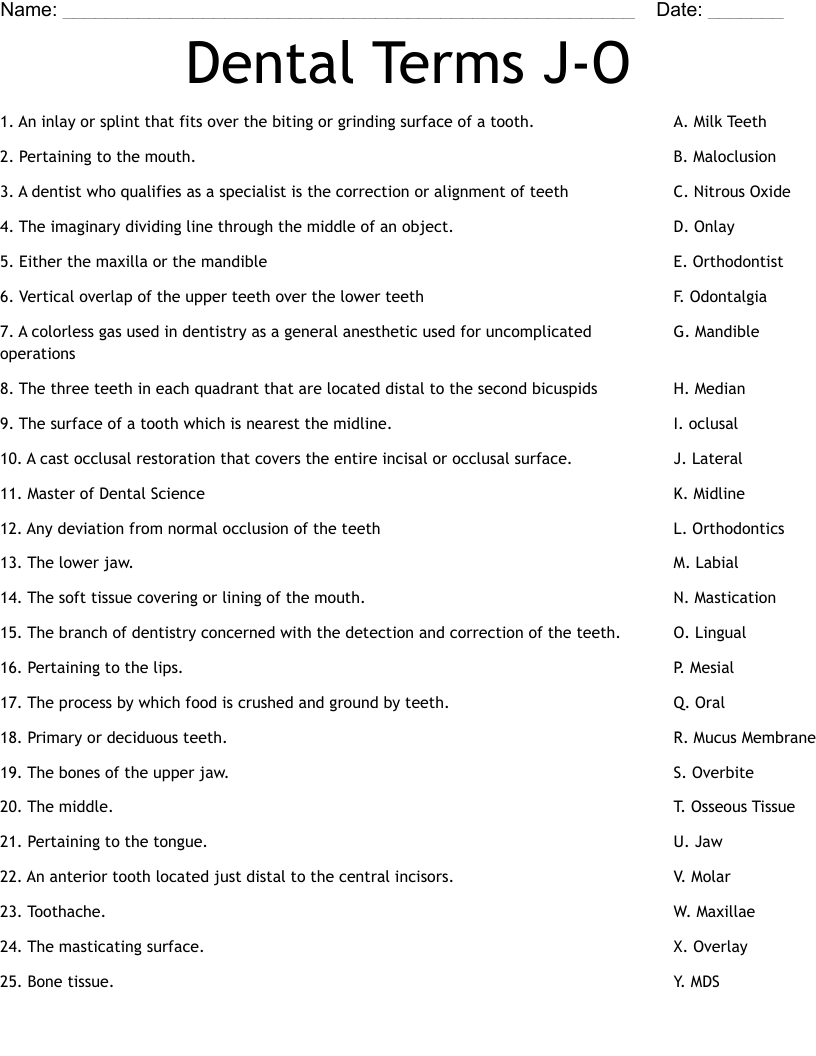 Dental Terms J-O Worksheet