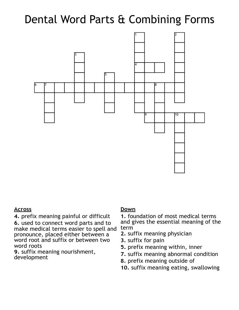Dental Word Parts & Combining Forms Crossword