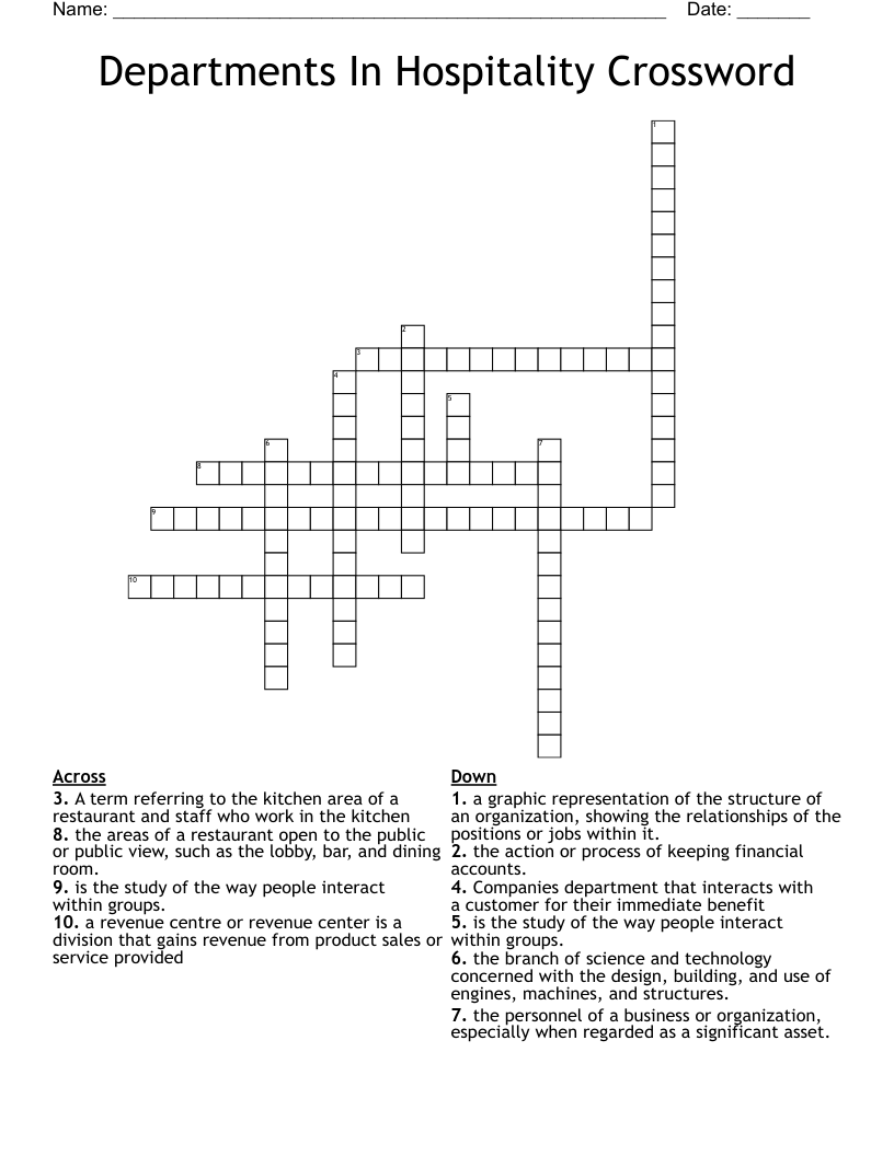 Departments In Hospitality Crossword 