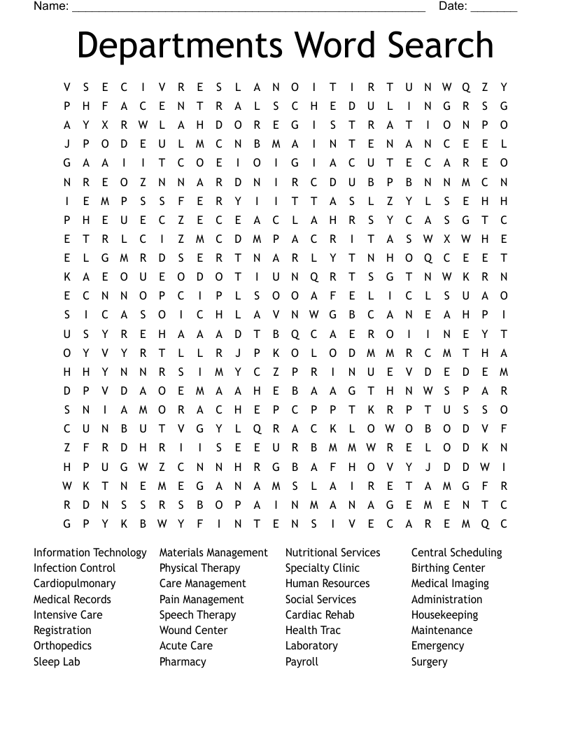 Departments Word Search