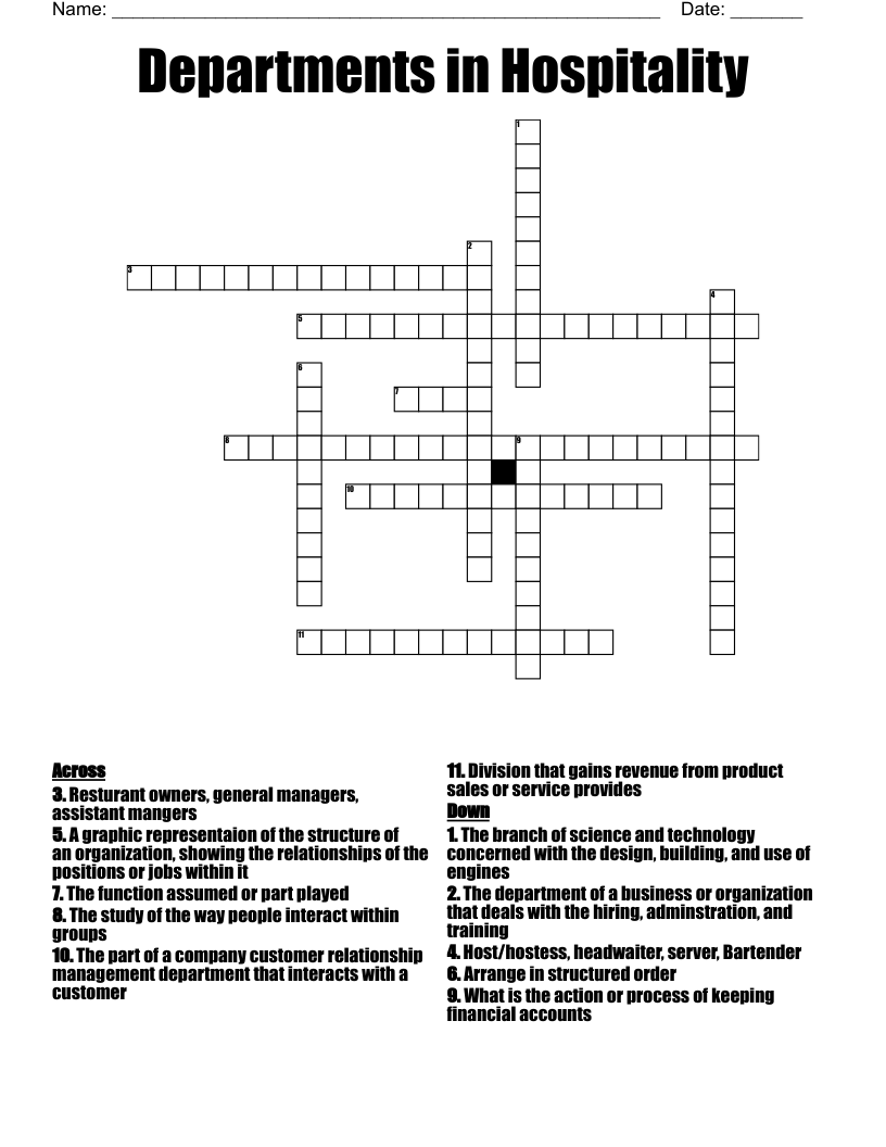 Departments in Hospitality Crossword