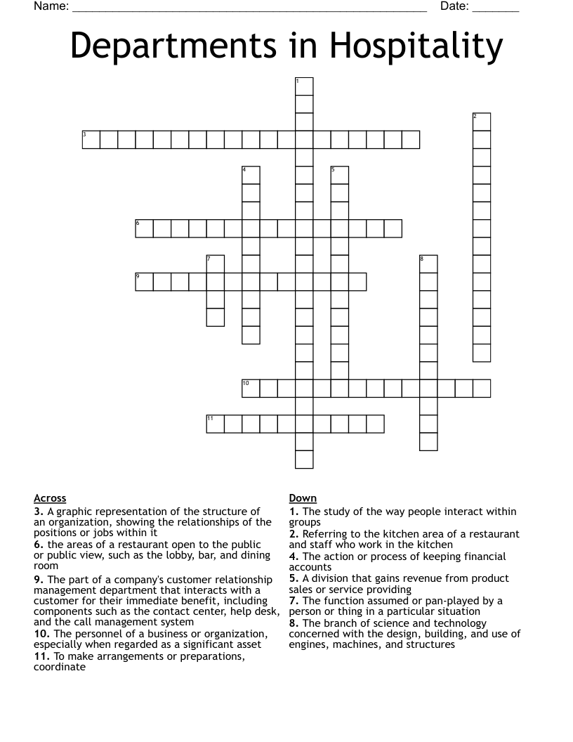 Departments in Hospitality Crossword