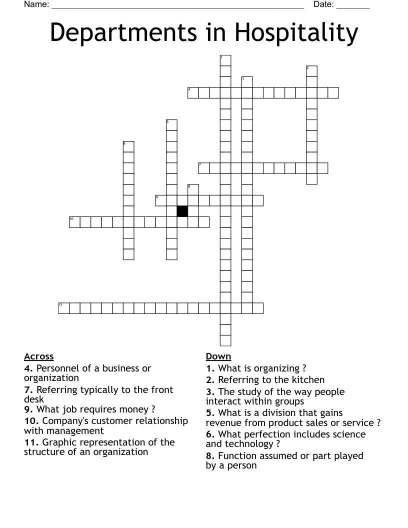 Departments in Hospitality  Crossword