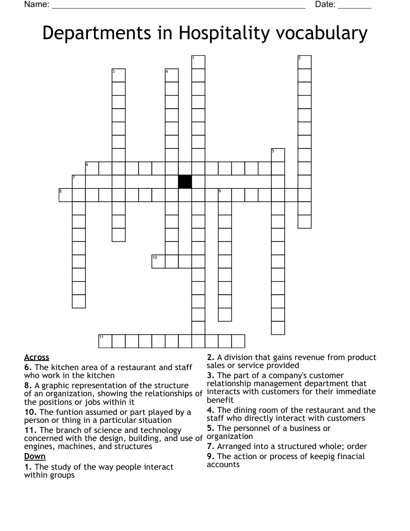 Departments in Hospitality vocabulary Crossword