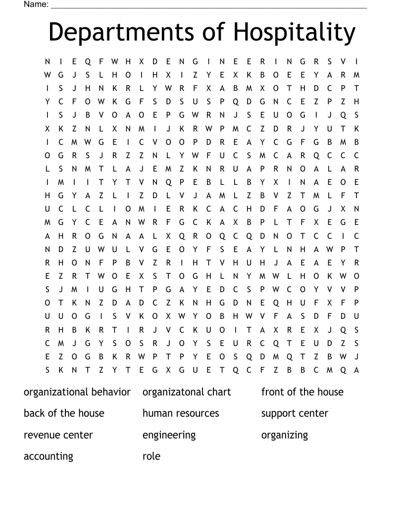 Departments of Hospitality Word Search