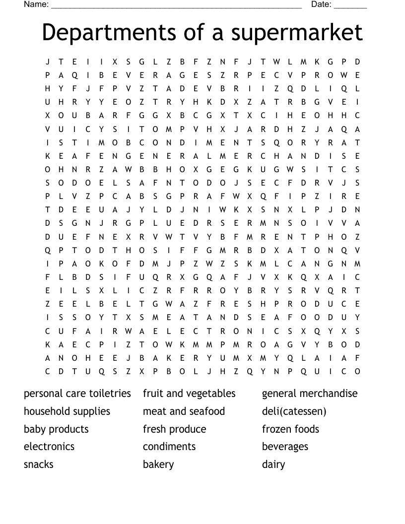 Departments of a supermarket Word Search
