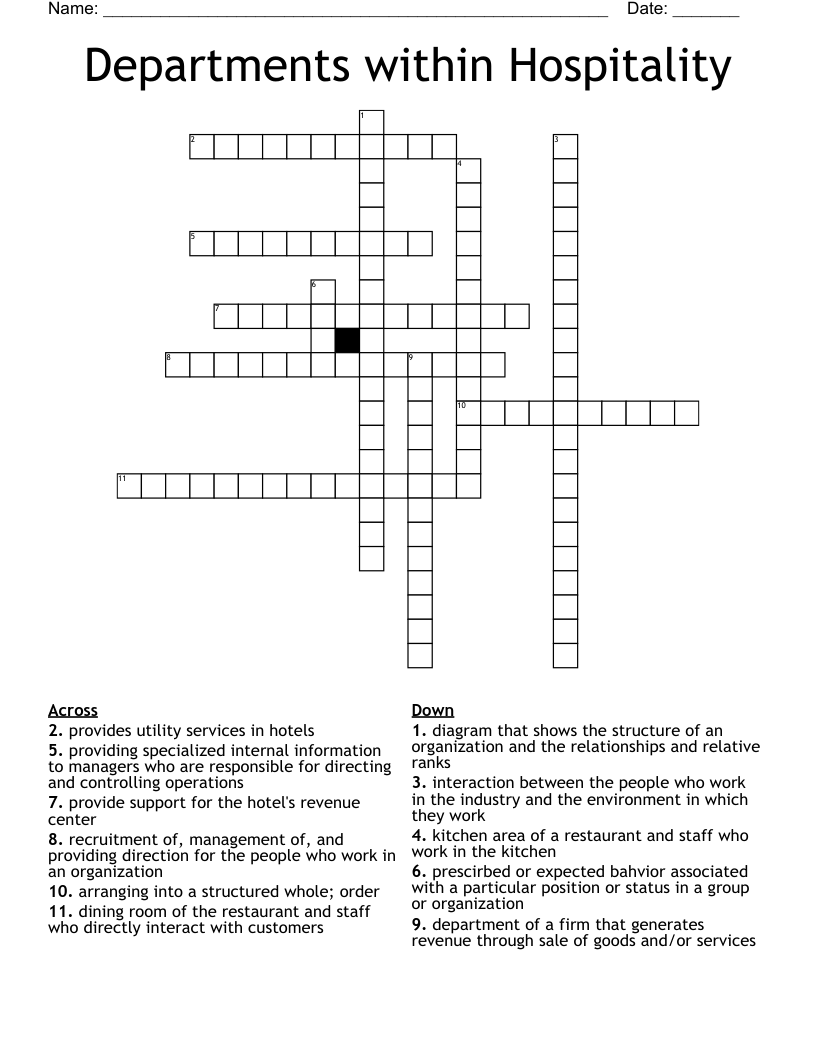 Departments within Hospitality Crossword